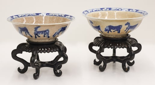 Pair Chinese Blue & White Crackle Horse Bowls