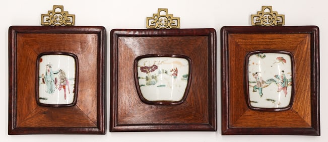 3pc Chinese Porcelain Shard Rosewood Plaques