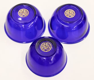 3pc Chinese Cobalt Peking Glass Shou Bowls