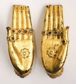 Pair Thai Gilt Bronze Jeweled Buddha Hands