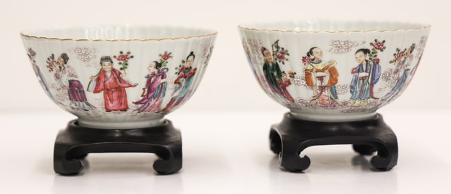 Pair Chinese Scalloped Immortals Tea Bowls