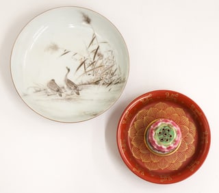 2pc Chinese Fine Porcelain Dish & Joss Stick Holder