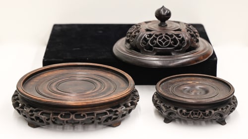 3pc Chinese Rosewood Jar Stands & Cover