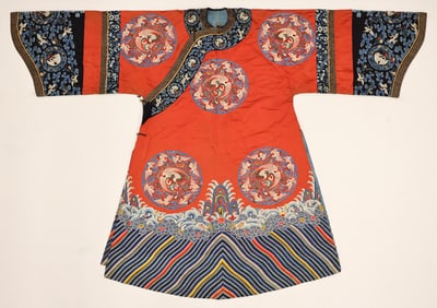 Chinese Red Silk Embroidered Crane Robe