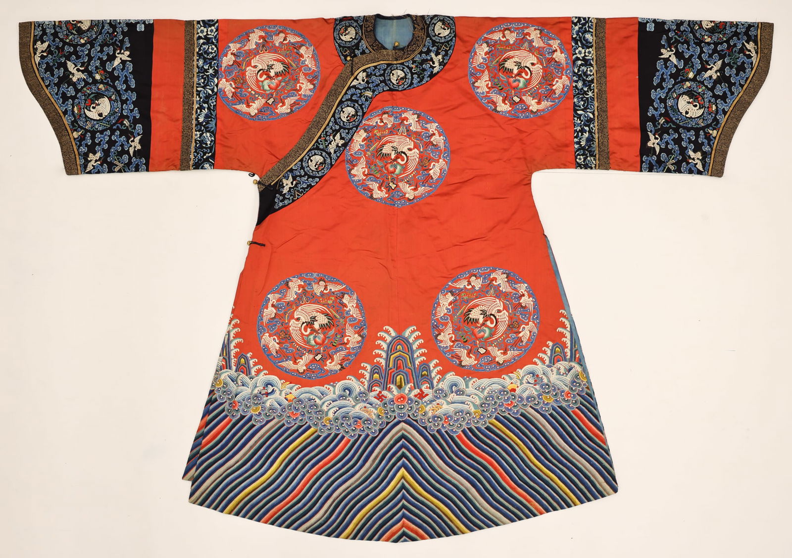 Chinese Red Silk Embroidered Crane Robe