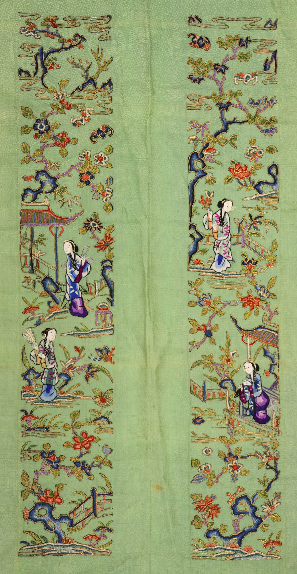 Pair Chinese Silk Embroidered Uncut Sleeve Panels (1 of 3)