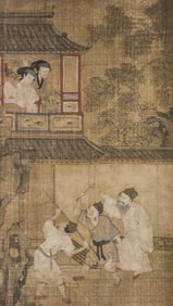 Chinese 18th Cent. Courtyard Scene Scroll Painting
