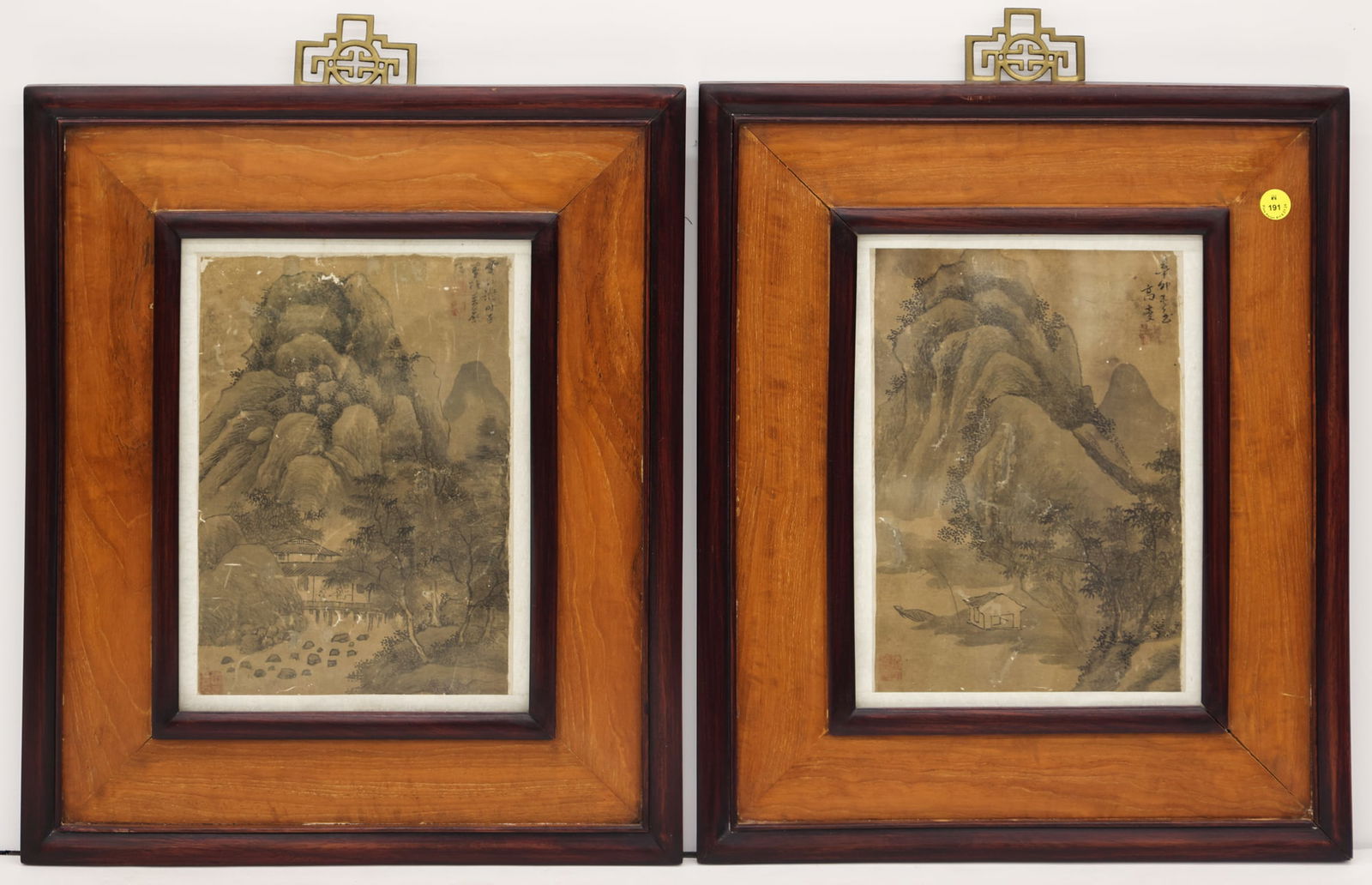Pair Chinese 18th Cent. Landscape Watercolors Framed (1 of 6)
