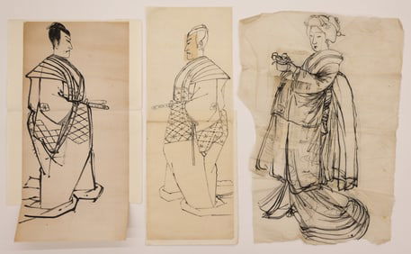 3pc Utagawa Kunisada Japanese Ink Drawings