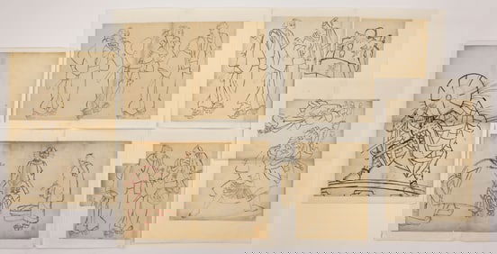 6pc Hiroshige II and Kunisada Ink Drawings