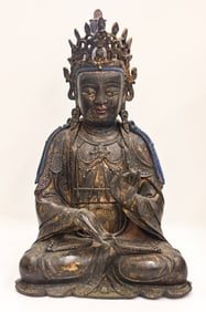 Chinese Parcel Gilt Polychrome Bronze Seated Guanyin