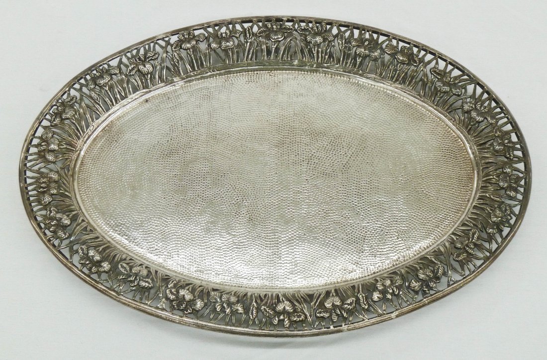 Wang Hing Chinese Export Silver Oval Tray 11''x7.5': Wang Hing Chinese Export Silver Oval Tray 11''x7.5''. Pierced with lotus flowers around edges. Weighs 11.9 troy ounces.