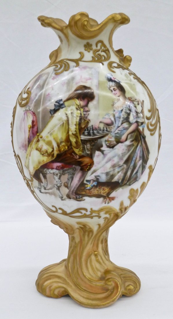 Pairpoint Limoge Hand Painted Courting Scene Playin: Pairpoint Limoge Hand Painted Courting Scene Playing Chess Gilt Porcelain Vase 13''x7''. No damage.