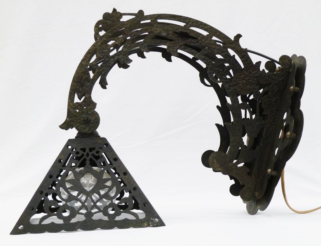 Arts & Crafts Hammered Steel Pierced Hanging Ligh: Arts & Crafts Hammered Steel Pierced Hanging Light Fixture 14''x14''. Hand made, but unsigned. No damage.