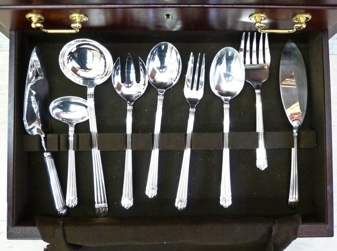144 Piece Christofle ''Aria'' Pattern Silverplate : 144 Piece Christofle ''Aria'' Pattern Silverplate Flatware in Fitted Regency Chest. Complete service for (12) with (9) Serving Pieces. Unused with many pieces still in their original bags.