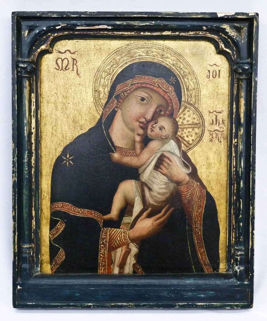 Dated 1720 Byzantine Virgin & Christ Child Painted: Dated 1720 Byzantine Virgin & Christ Child Painted Wood Icon 14''x11.5''. Possibly Greek or Russian. Dated underneath Virgin's right hand and artist signature on sleeves. Gothic carved wood framing. N