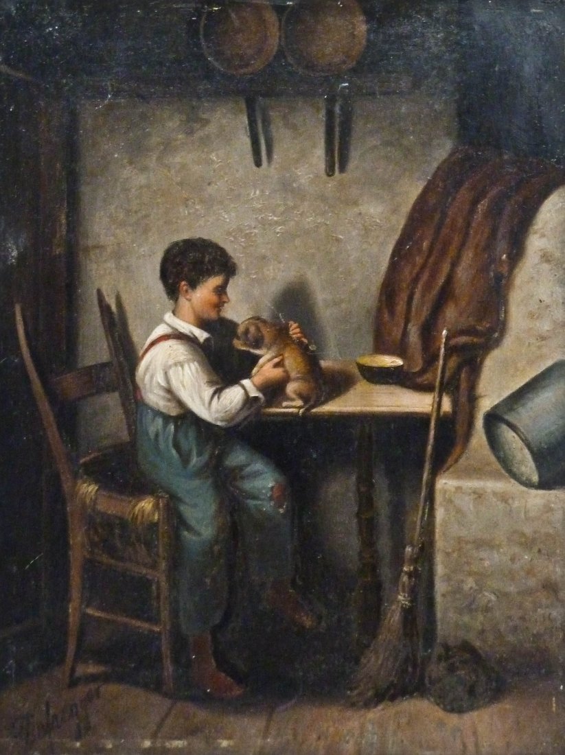 Franz Von Defregger (1835-1921 Austrian) Untitled : Franz Von Defregger (1835-1921 Austrian) Untitled Boy Tending to Dog Oil/Tin 8.25''x6.5''. Unframed.