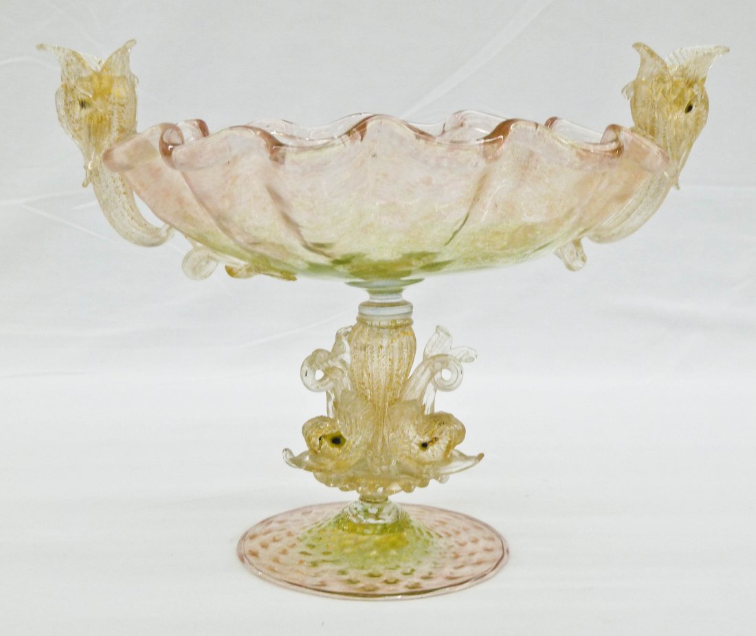 Salviati Murano Figural Dolphin Ruffled Compote: Salviati Murano Figural Dolphin Ruffled Compote or Tazza 7.5''x10''. Bullicante gold fleck throughout a pink and green colored body. No damage.
