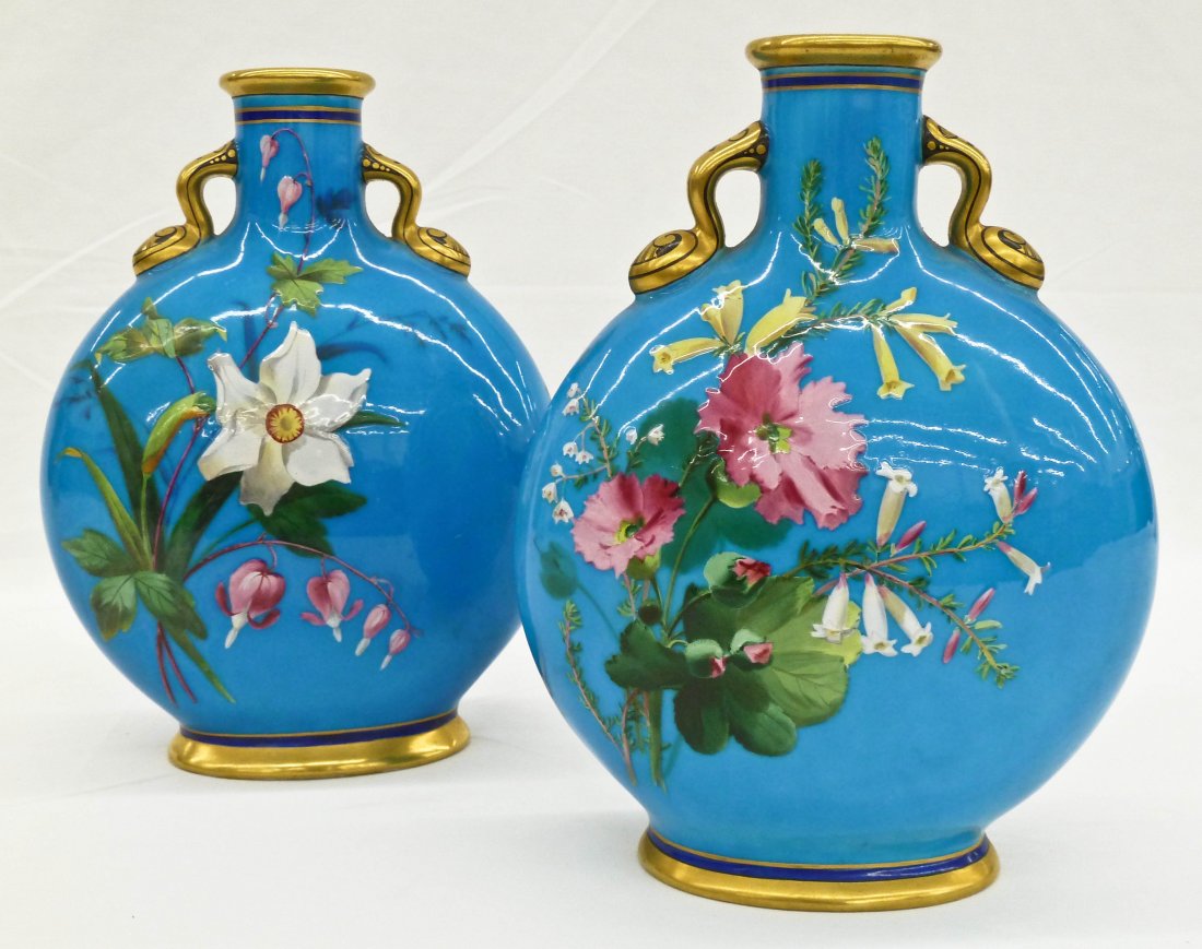 Pair Minton Persian Blue Floral Moon Flask Vases 7: Pair Minton Persian Blue Floral Moon Flask Vases 7.5''x5.5'' Each. No damage and each marked MINTON on bottom.