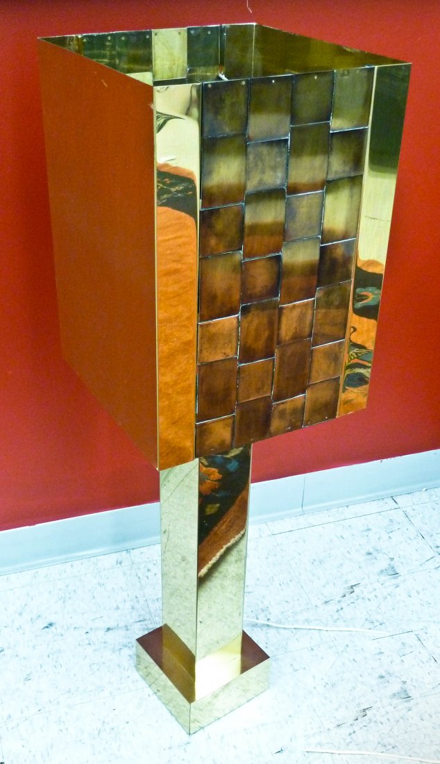 Curtis Jere Brass Column Lamp with Paneled Brass S: Curtis Jere Brass Column Lamp with Paneled Brass Shade 41.5'' Tall. Signed on lamp base.