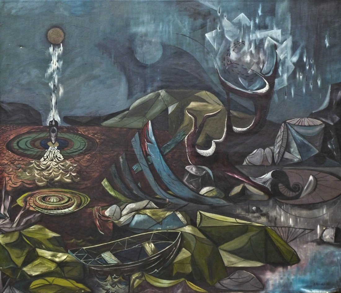 Leo Kenney (1925-2001 WA) Untitled Surrealist Scen: Leo Kenney (1925-2001 WA) Untitled Surrealist Scene 1946 Oil/Canvas 47.25''x55.25''. Unframed. Small indentation near moon. Slight scratching bottom center.