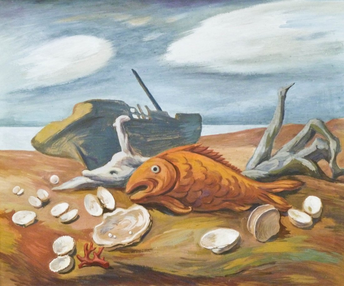Jacob Alexander Elshin (1892-1976 WA) Untitled Sur: Jacob Alexander Elshin (1892-1976 WA) Untitled Surrealist Beach Scene 1950 Tempera/Board 23''x28''. Gifted to former Director of the Drama Department at the University of Washington.