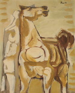 Channing Peake ''Untitled'' (Horse) 1950's Oil: Channing Peake (1910-1989 American) ''Untitled'' (Horse) 1950's Oil on Masonite 22''x18'' Image. Signed upper right. Original wood framing 31.5''x27.5''. Excellent, original condition.