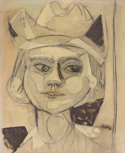 Channing Peake ''Girl with Cowboy Hat'' 1954: Channing Peake (1910-1989 American) ''Head of a Girl with Cowboy Hat'' 1954 Oil on Masonite 20''x16'' Image. Signed and dated l.r. Frank Perls Gallery, Beverly Hills label on verso. Original wood fram
