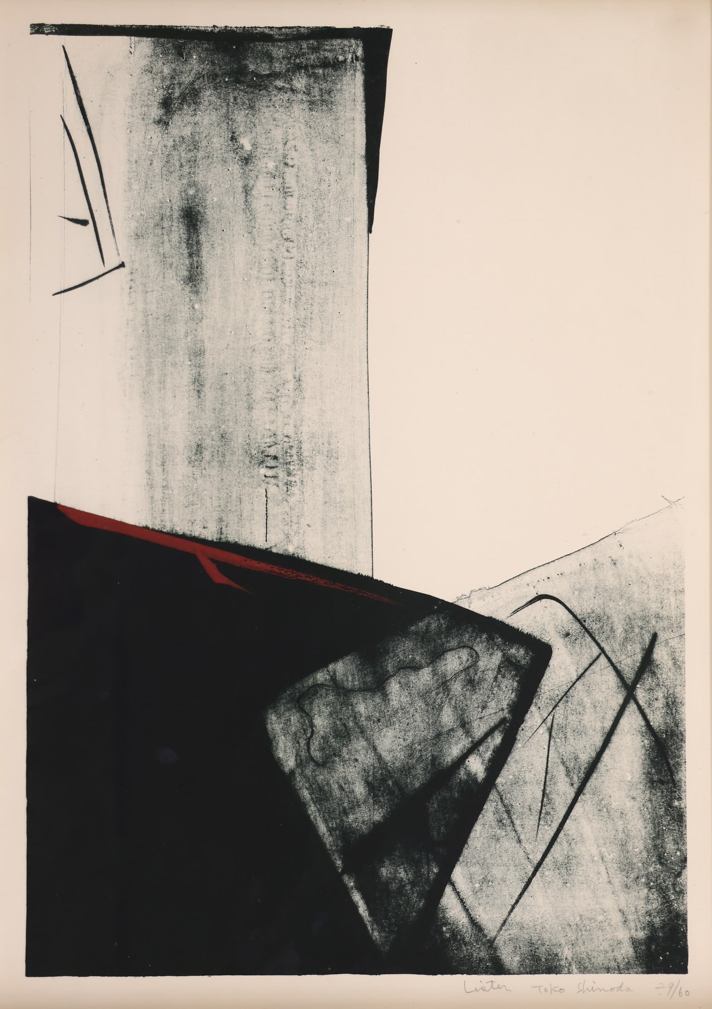 Toko Shinoda ''Listen'' Lithograph: Toko Shinoda (1913-2021 Japanese) ''Listen'' Lithograph with Hand Embellishment 22.5''x16.5'' Sheet. Pencil signed and numbered 29 of 60 edition lower margin. Gilt Katayama gallery framing 24.5"x18.5'