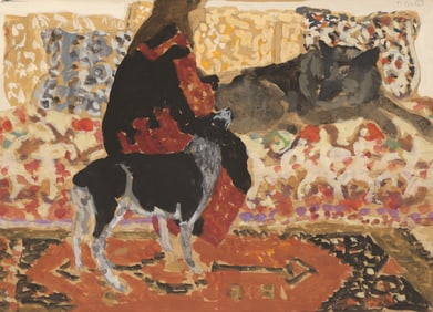 Susan Hertel ''Girl on Couch with Two Dogs'' Gouache