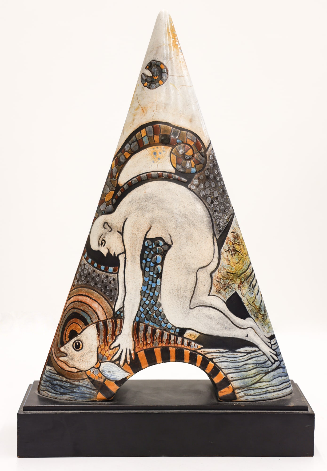 Modern Ceramic Pyramid Sculpture: Modern Ceramic Pyramid Sculpture 18''x12''x4.25''. Multi-colored glaze motifs with male nude and fish. Illegibly signed Millet on side, glaze obscured. Excellent condition.