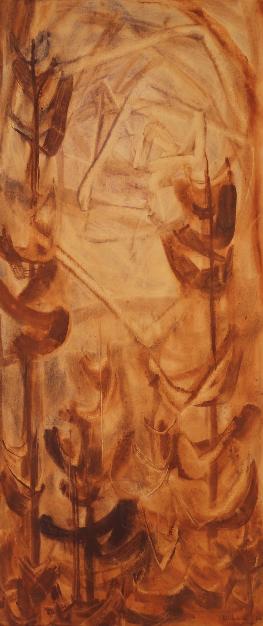 Doris Totten Chase ''Orange Trees'' 1960 Casein: Doris Totten Chase (1923-2008 Washington) ''Orange Trees'' 1960 Casein on Board 48''x21'' Image. Signed and dated l.r. Original framing 54''x27''. Excellent condition.
