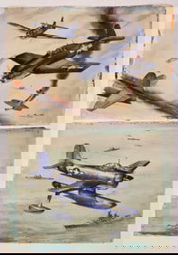 2pc Harry Bonath WWII Airplane Illustration Watercolor