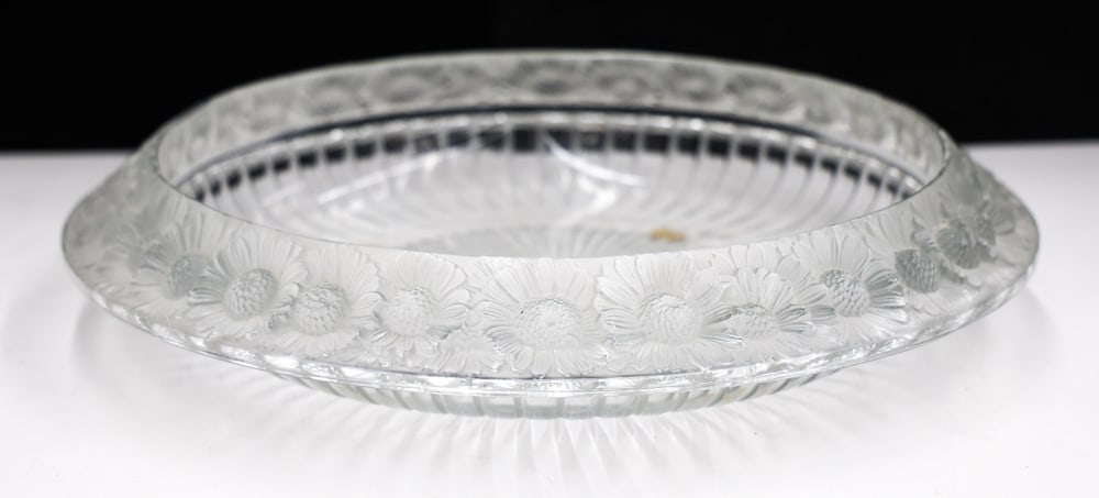 Lalique Marguerites Floral Crystal Centerpiece Bowl: Lalique Marguerites Floral Crystal Centerpiece Bowl 3''x14''. Etched block letter signature. Excellent condition with no exterior scratching.