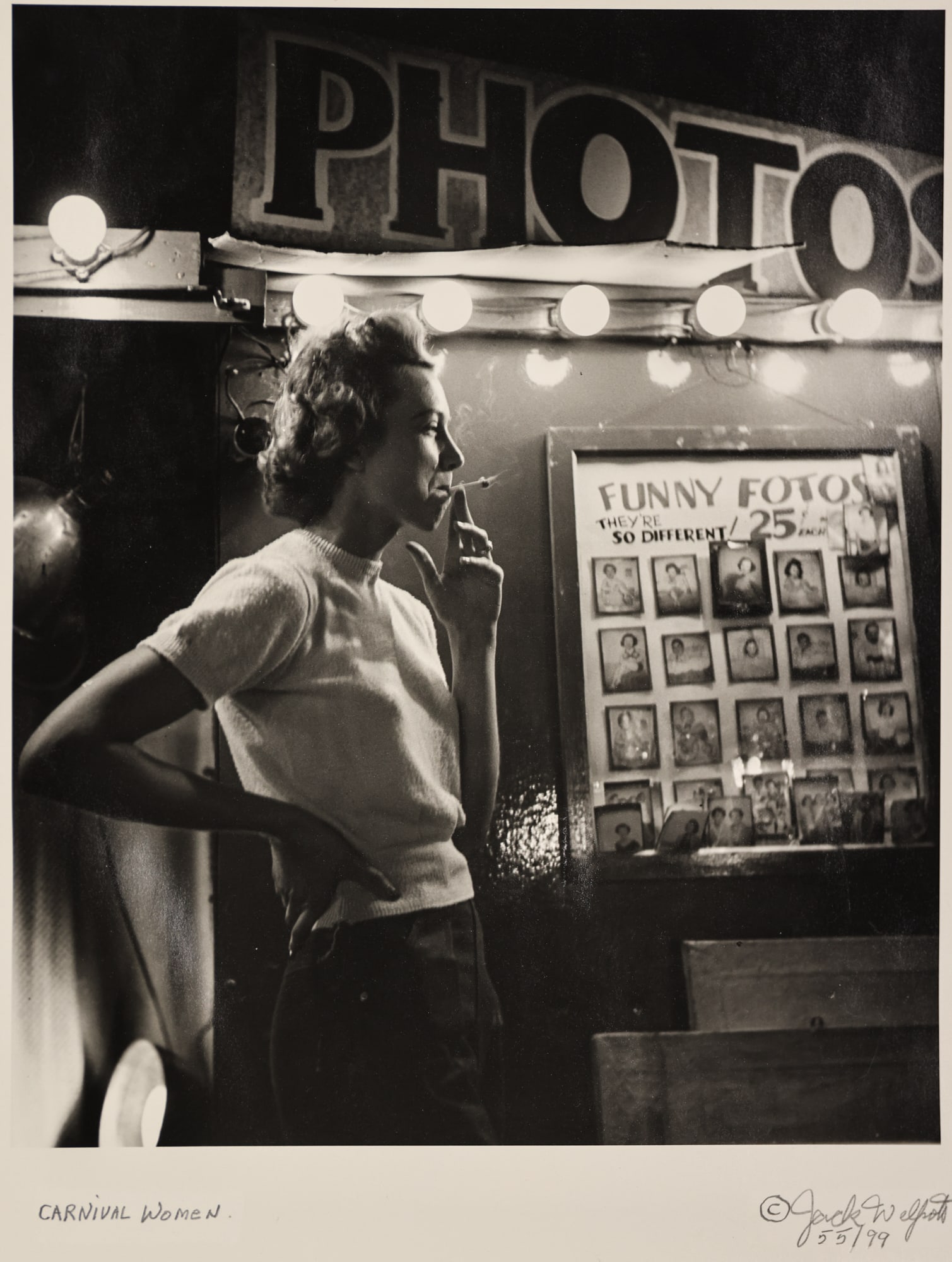 Jack Welpott ''Carnival Women'' Silver Gelatin Print: Jack Welpott (1923-2007 American) ''Carnival Women'' Silver Gelatin Print 11.75''x9.5'' Image. Pencil signed and numbered 55 of 99 edition lower margin. Sheet size 14''x11'' with full margins. Some mi