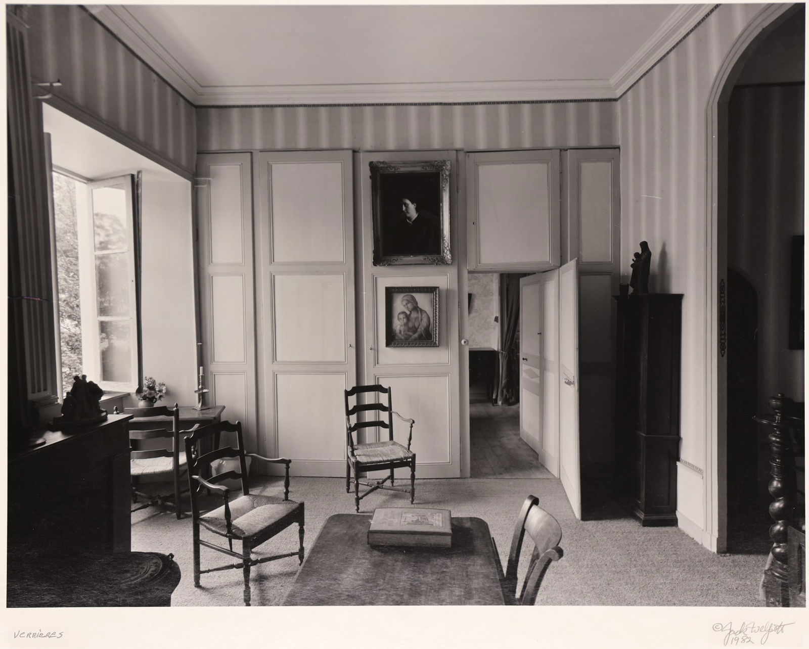 Jack Welpott ''Verrieres'' (Interior) 1982 Silver Gelatin: Jack Welpott (1923-2007 American) ''Verrieres'' (Interior) 1982 Silver Gelatin Print 11.75''x17'' Image. Pencil signed and titled lower margin. Laid down to backing. Matted size 20''x24''. Overall exc