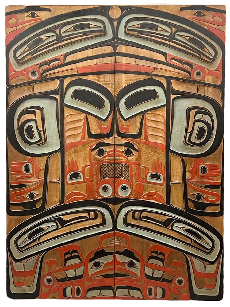 Duane Pasco ''Man and Killer Whale Panels'' (SeaTac Airport): Duane Pasco (1932-2024 Washington) ''Man and Killer Whale Panels'' (SeaTac Airport Commission) 1972 Large Cedar Door Panels 8'x6'. Important carved and polychrome painted u-form Tlingit style wall pan