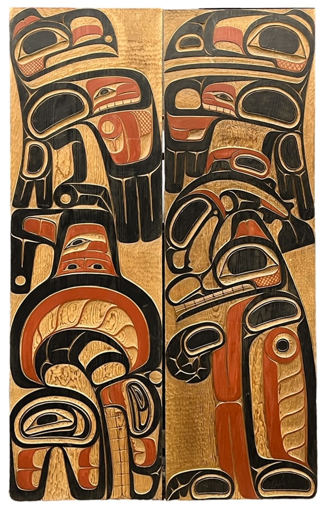 Duane Pasco ''Pair of Land and Sea Wall Panels'' 1960: Duane Pasco (1932-2024 Washington) ''Pair of Land and Sea Wall Panels'' 1960 Cedar 60''x18'' Each. Carved and polychrome painted u-form Tlingit style motifs of raven, bear, eagle and killer whale. Car
