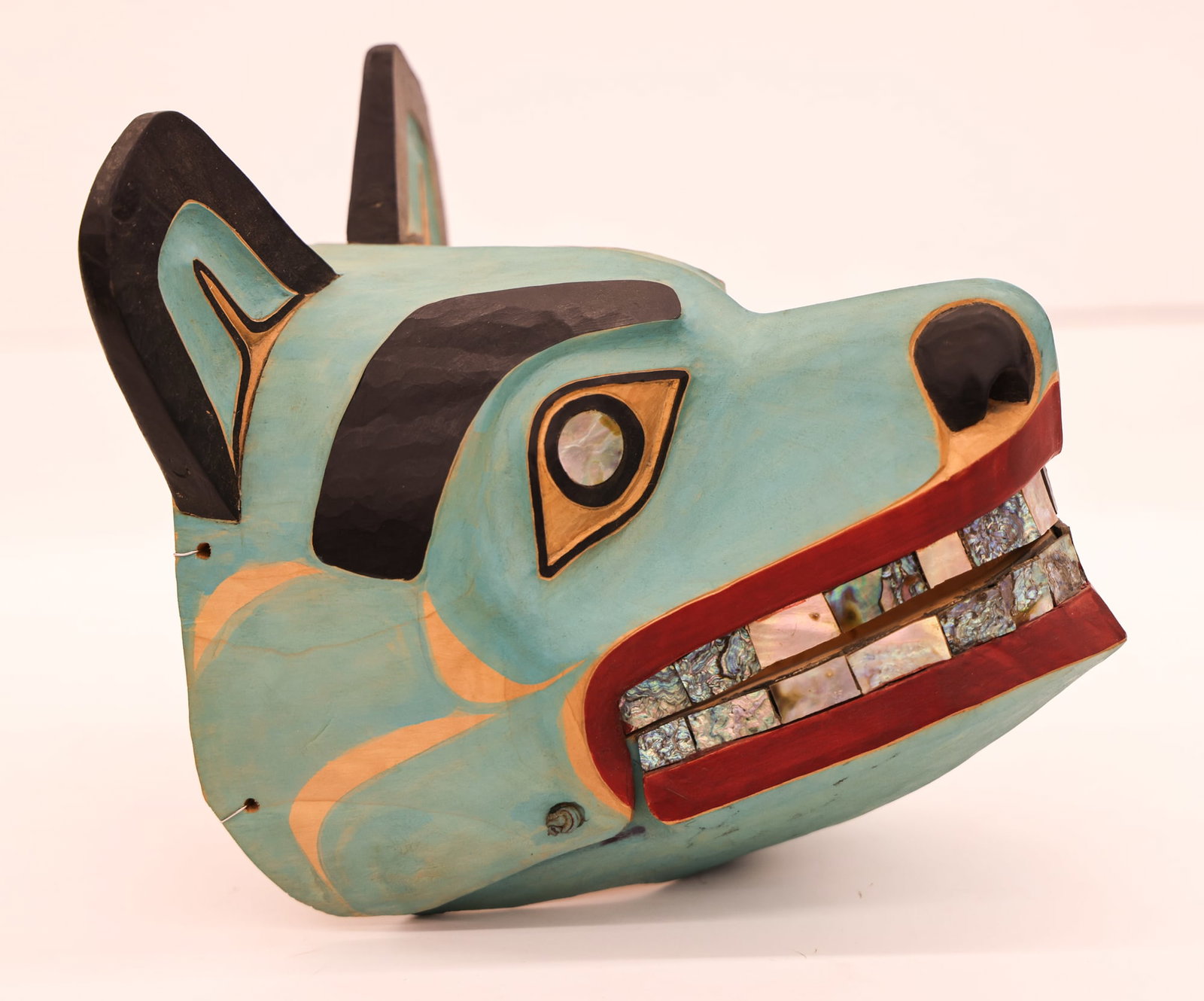 Nathan Jackson ''Bear Headdress Mask'' 1973 Cedar: Nathan Jackson (b.1938 Tlingit) ''Bear Headdress Mask'' 1973 Cedar 10''x10''x10''. Exceptional carved and polychrome painted u-form mask with applied abalone teeth and articulated jaw. Signed and date