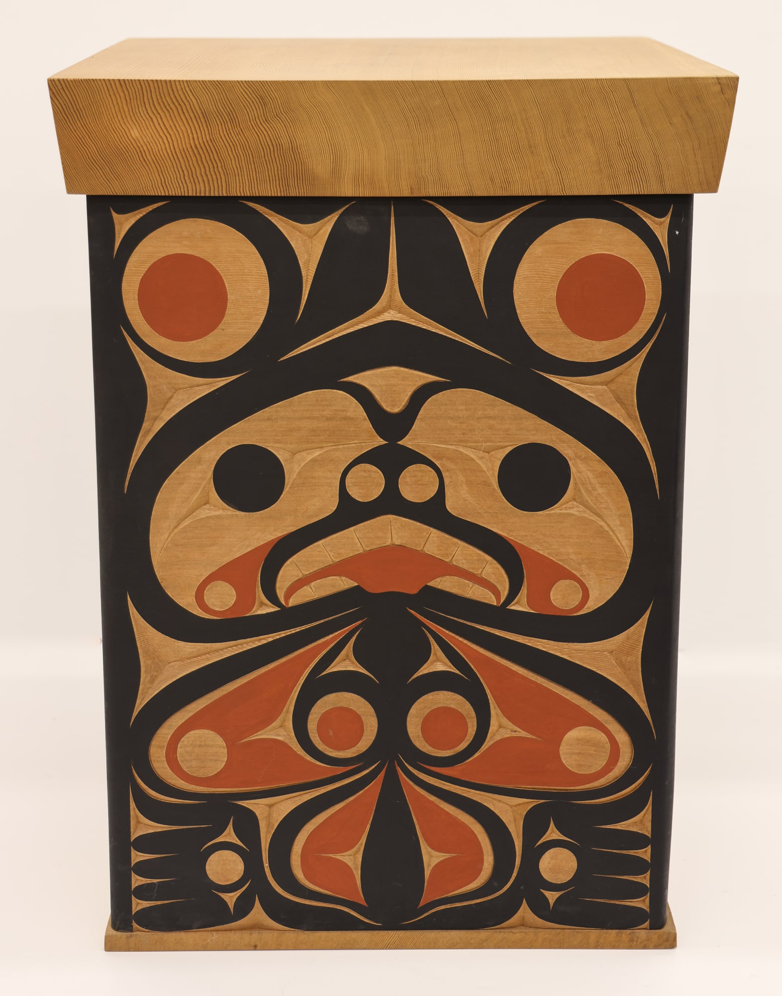Andy Wilbur Peterson ''Shark Codfish Storage Box'': Andy Wilbur Peterson (b.1955 Skokomish) ''Shark Codfish Storage Box'' 2001 Cedar 28''x20''x20''. Impressive polychrome painted and carved u-form bent corner box. Signed and dated on interior. Excellen