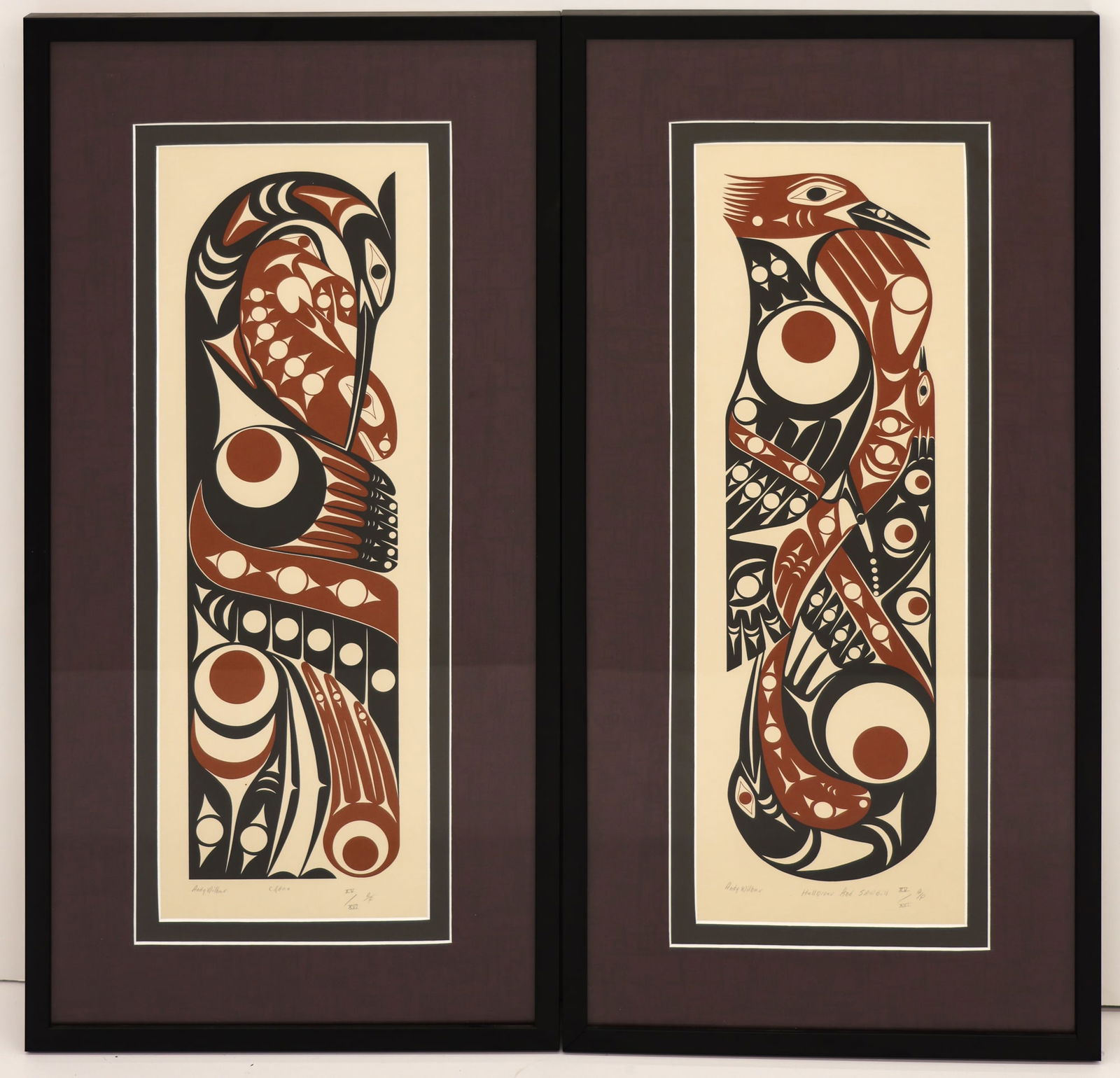 2pc Andy Wilbur Peterson ''Crane & Helldiver'' Serigraph: 2pc Andy Wilbur Peterson (b.1955 Skokomish) ''Crane & Helldiver and Sawbill'' Serigraphs 25''x8'' Sight. Pencil signed and numbered artist proof AP XV/XVI (15 of 16) edition lower margins. Framed 34''