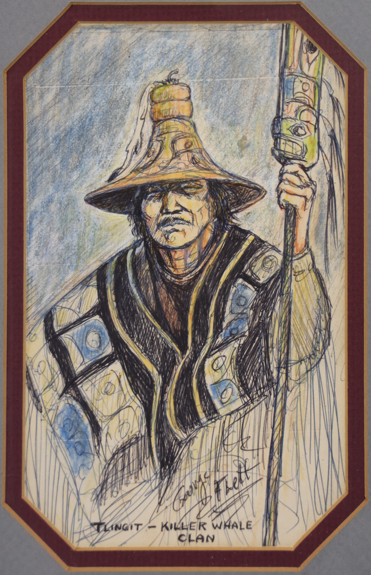 George Flett ''Tlingit, Killer Whale Clan'' Mixed Media: George Flett (1947-2013 Washington) ''Tlingit, Killer Whale Clan'' Mixed Media on Paper 8''x5'' Image. Signed and titled lower image. Framed 12.5''x10''. Excellent condition. Not examined outside of f