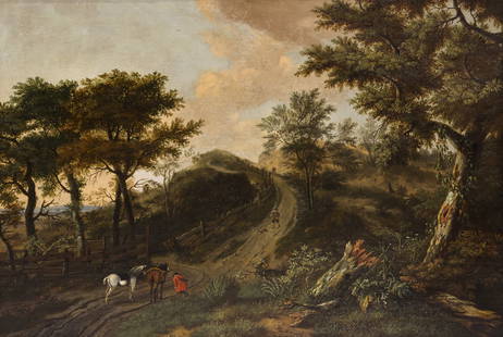 Jan Wynants ''The Dunes Near Haarlem'' 17th Cent. Oil: Jan Wynants (1625-1684 Dutch) ''The Dunes Near Haarlem'' Oil on Canvas 30''x43.5'' Image. Exceptional countryside composition with figures and horses painted by Adriaen Van de Velde (1636-1672), as no