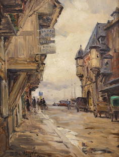 Louis Aston Knight ''Honfleur, Quai Sainte Catherine" Oil: Louis Aston Knight (1873-1948 French) ''Honfleur, Quai Sainte Catherine'' Oil on Panel 14''x10.5''. Composition of a street scene with signs and figures. Signed lower left. Original gilt framing 20''x