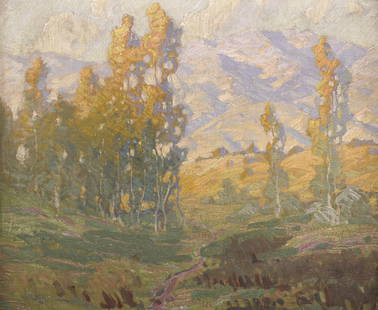 Paul Lauritz ''Afternoon Shadows'' Oil: Paul Lauritz (1889-1975 California) ''Afternoon Shadows'' Oil on Canvas Affixed to Board 19.5''x23.5'' Image. Impressionist landscape composition with mountains. Signed lower left. Vintage framing 25'
