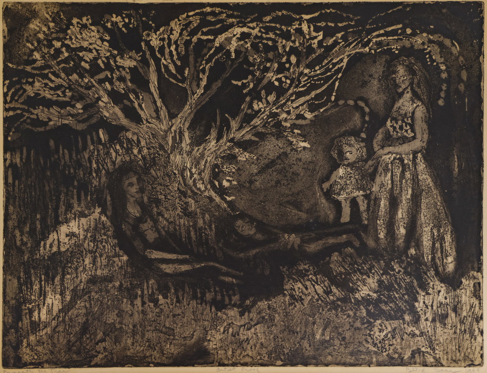 Betye Irene Saar ''Beneath the Tree'' 1963 Etching: Betye Irene Saar (b.1926 California) ''Beneath the Tree'' 1963 Etching 14.75''x19'' Impression. A scarce early etching by this female African American artist. Pencil signed and notated Artist Proof lo