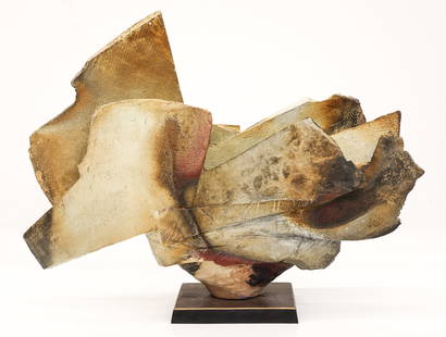 Paul Soldner ''Untitled'' (Vessel) Raku Sculpture: Paul Soldner (1921-2011 American) ''Untitled'' (Vessel) Raku Sculpture 22.5''x31''. Exceptional slab built envelope form that sits atop a bronze base. Impressed mark on side. Some minor scattered edge