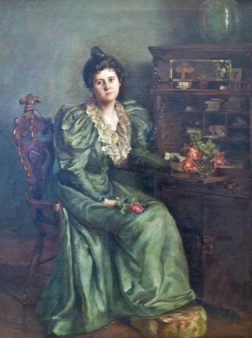 Harriet ''Hattie'' Foster Beecher (1854-1915 WA/CA): Harriet ''Hattie'' Foster Beecher (1854-1915 WA/CA) Untitled Woman Seated at Desk 1896 Oil/Canvas 26''x20''.