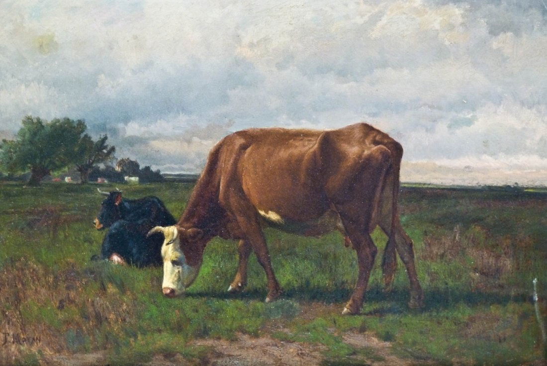 Peter Moran (1841-1914 PA) ''Cow's Grazing'' Oil/Ca: Peter Moran (1841-1914 PA) ''Cow's Grazing'' Oil/Canvas 20''x30'' in Period Gilt 4'' Frame. Cleaned with some small spots of in-painting in sky and bottom edges.
