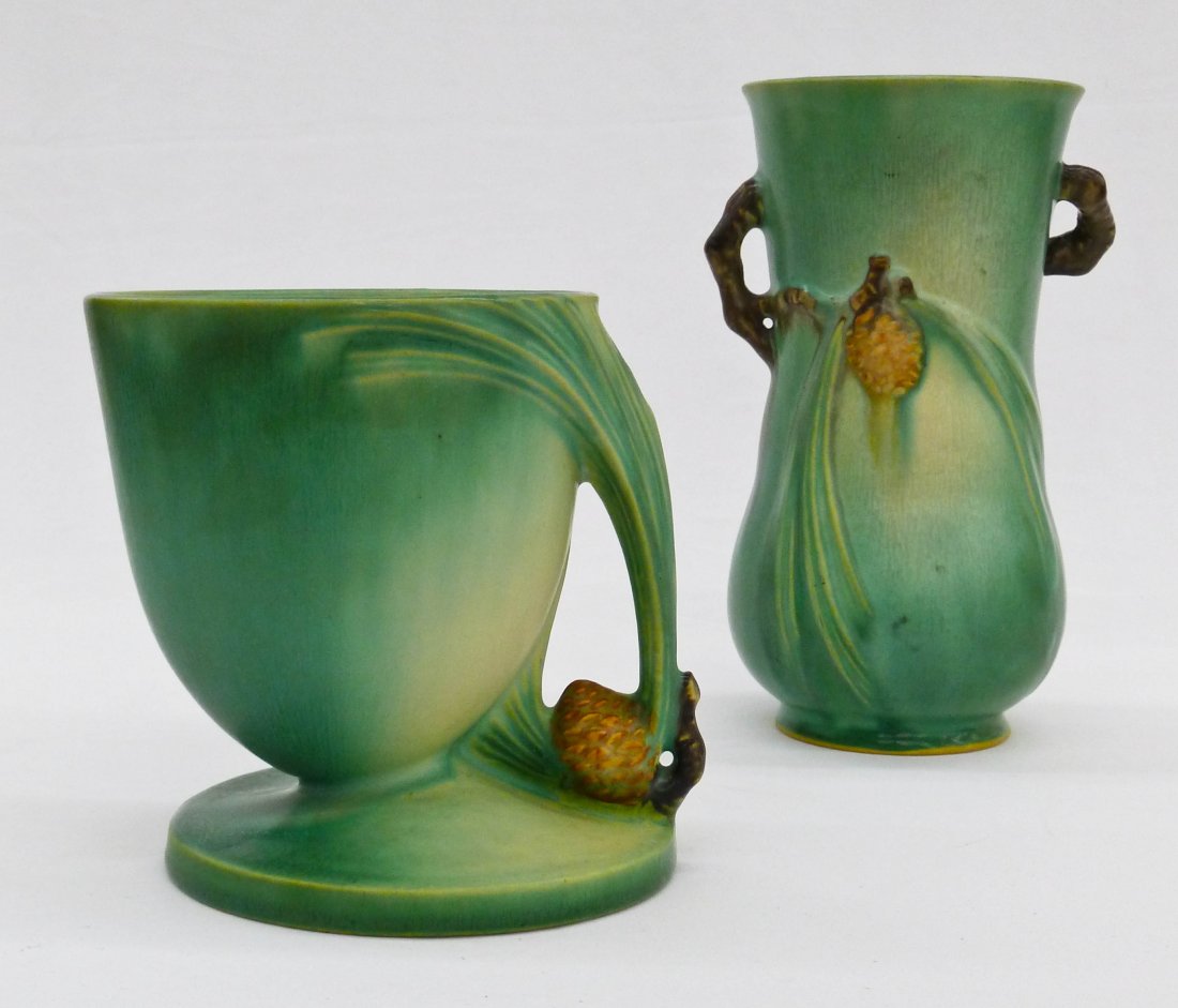 (2) Roseville Green Pinecone Vases. Form 841-7'' a: (2) Roseville Green Pinecone Vases. Form 841-7'' and 124-5''.